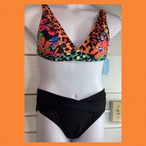 Colorful Animal Print Bikini Top and Black Bottoms